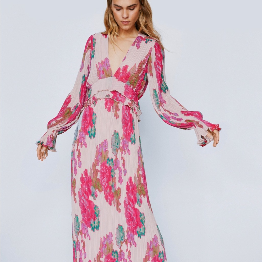 Floral Print Chiffon Pleated Dress